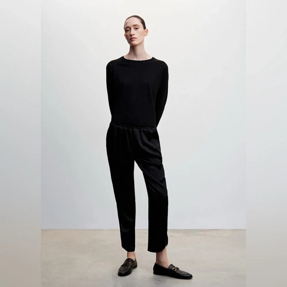 MNG MANGO Bright Elastic Waist Satin Pants in Black - Picture 3 of 12